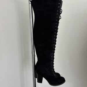 knee high lace up chunky heel boots